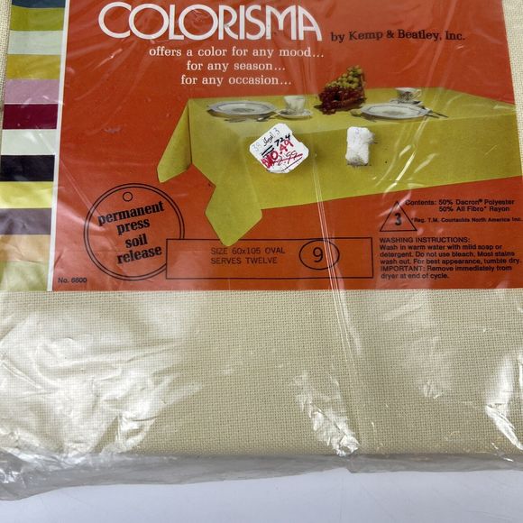 Vtg Oval Tablecloth Pale Yellow Cream Colorisma By Kemp & Beatley 60”X 105” NOS - Picture 6 of 9